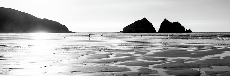 Holywell Beach and Gull Rock Cornwall Coast black and white 2 Photograph by Sonny Ryse