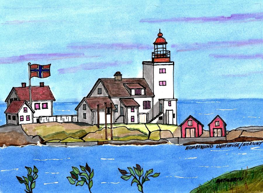 Homborsund Lighthouse Drawing by Paul Meinerth