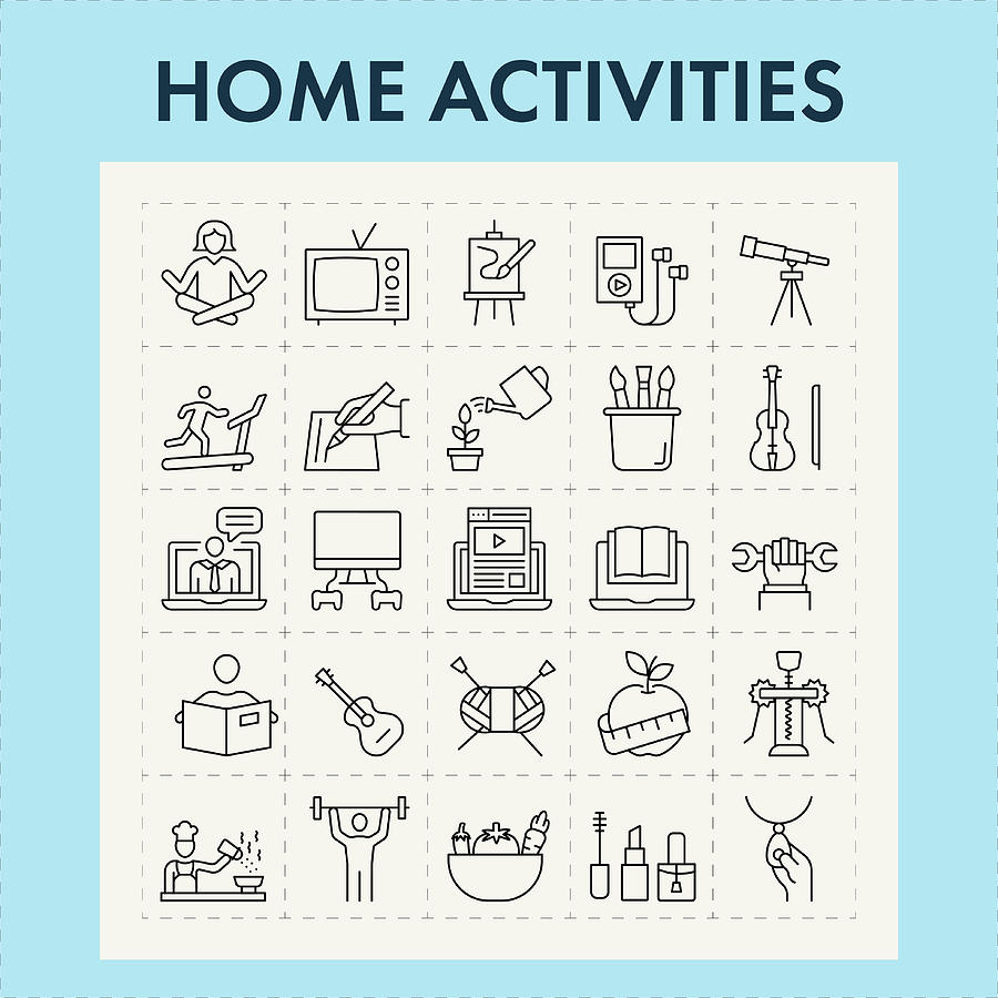 Home Activities Line Icon Set Drawing by Studiostockart