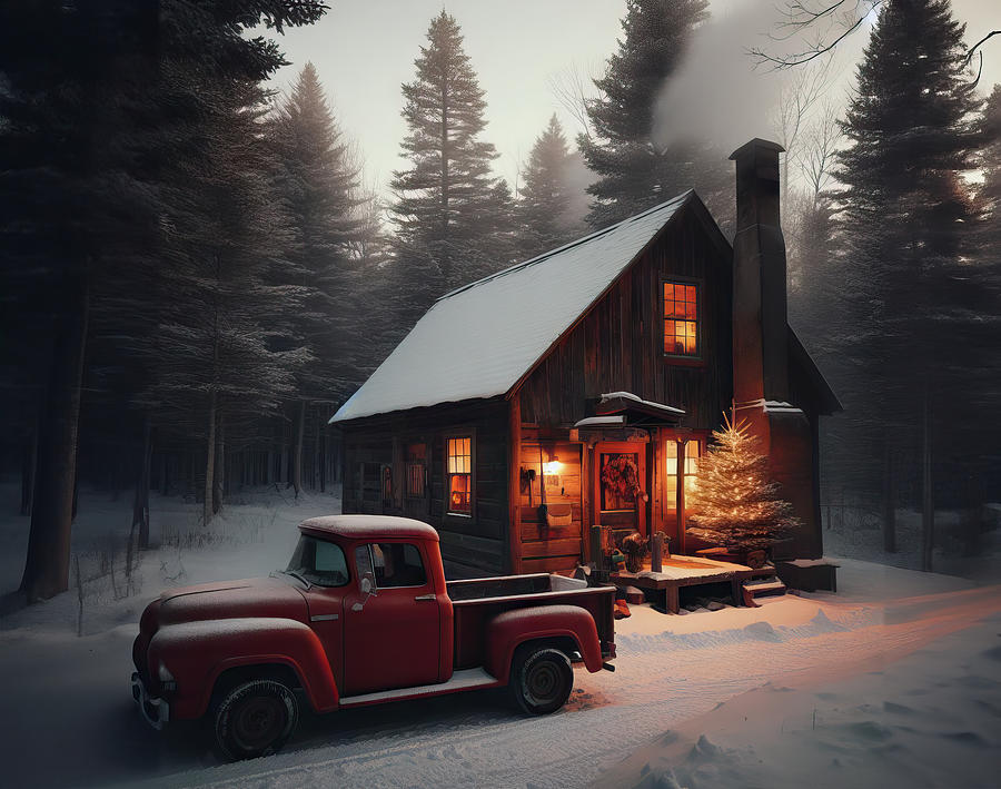 Home for the Holidays A Rustic Cabin Affair with a Touch of Red Truck Romance AI Photograph by Jeff Folger