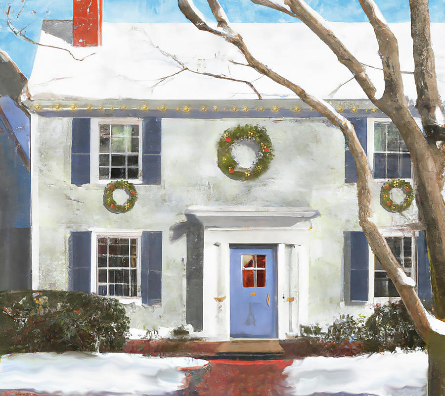 Home for the Holidays -  House with Wreaths Digital Art by Alison Frank