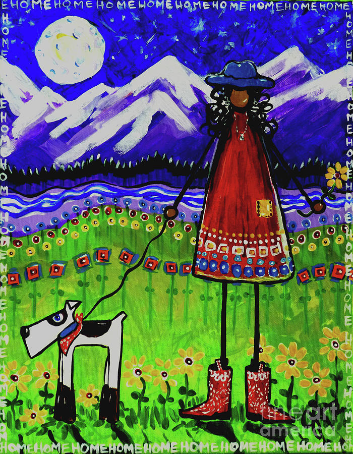Home Rocky Mountains River Cowboy Girl Dog Flowers Moon Sweet Home Jackie Carpenter Country Painting by Jackie Carpenter