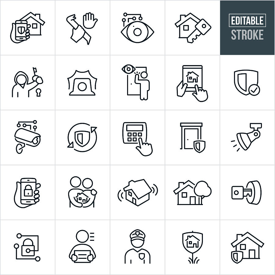 Home Security Thin Line Icons - Editable Stroke Drawing by Appleuzr