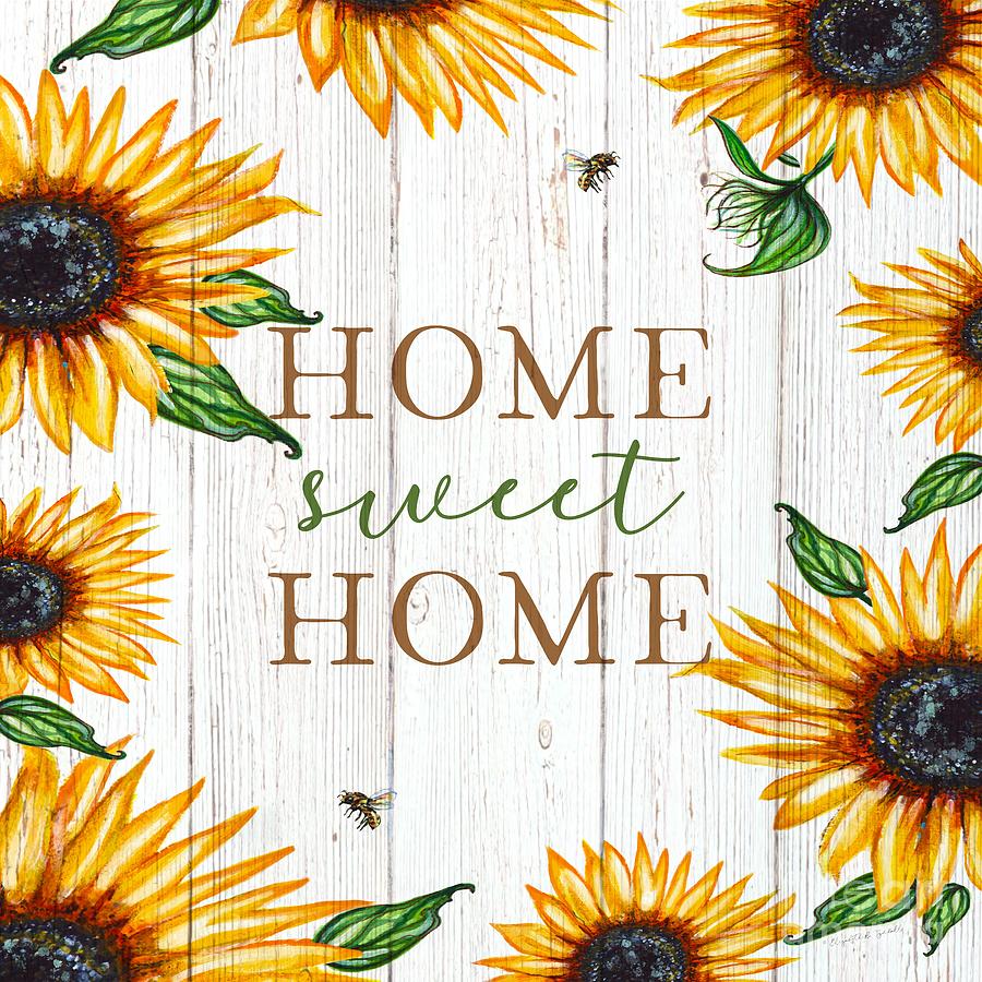 Home Sweet Home in Sunflowers on Wood Set 1 Painting by Elizabeth Robinette Tyndall
