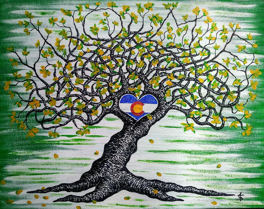 Home w/ Colorado flag Love Tree Drawing by Aaron Bombalicki