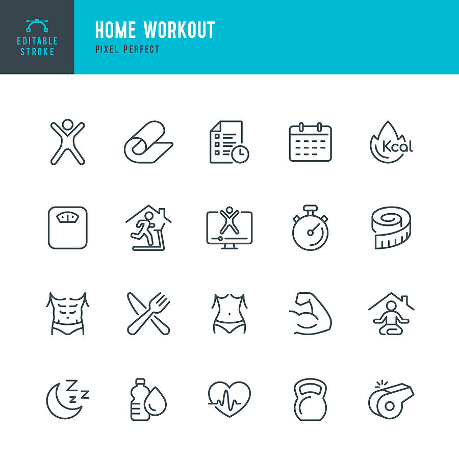 HOME WORKOUT - thin line vector icon set. Pixel perfect. The set contains icons: Running, Weight Training, Yoga, Treadmill, Exercising. Drawing by Fonikum