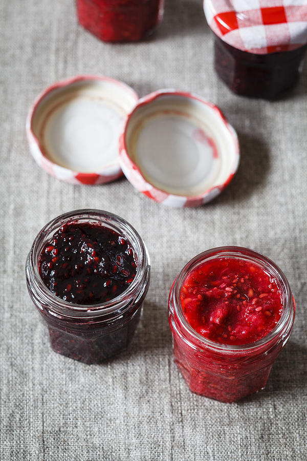 Homemade raspberry and blackberry jam with chia seeds Photograph by Westend61