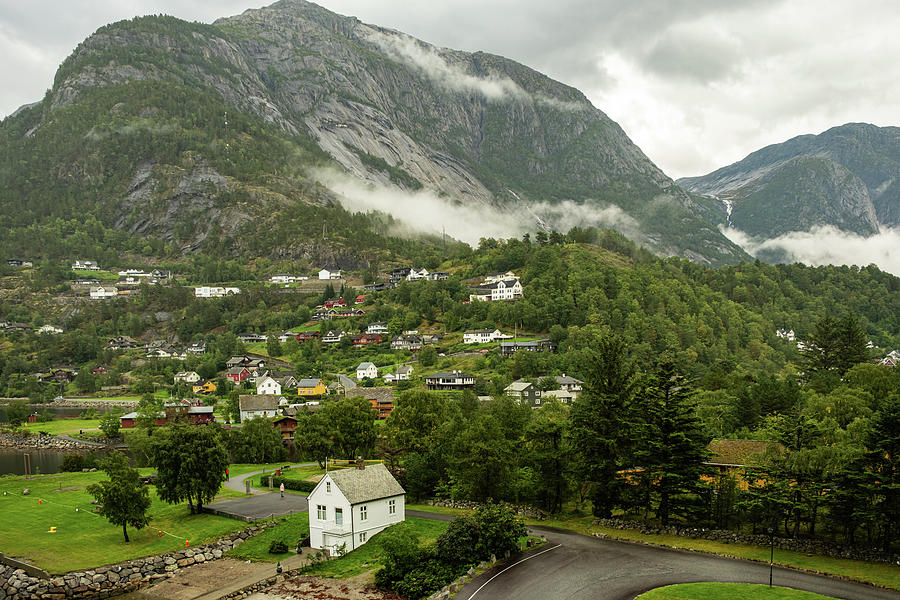 Homes Under Misty Mountain in Eidfjord Photograph by Darryl Brooks