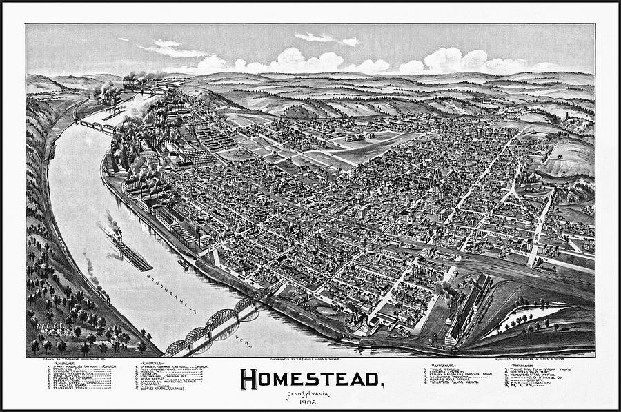 Pittsburgh Photograph - Homestead Pennsylvania Vintage Map Birds Eye View 1902 Black and White by Carol Japp