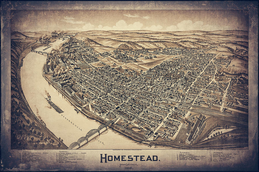 Homestead Pennsylvania Vintage Map Birds Eye View 1902 Sepia Photograph ...