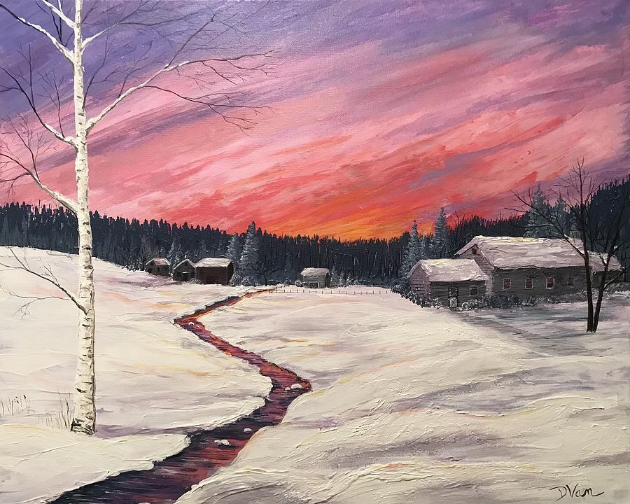 Homestead Sunset In Winter Painting by Denise Van Deroef