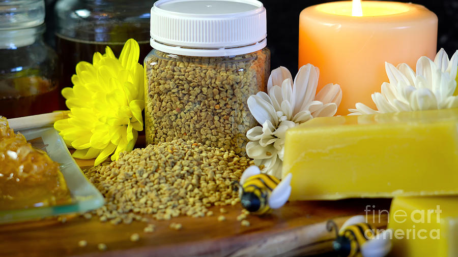 Nature Photograph - Honey and related products with closeup on jar of bee pollen. by Milleflore Images