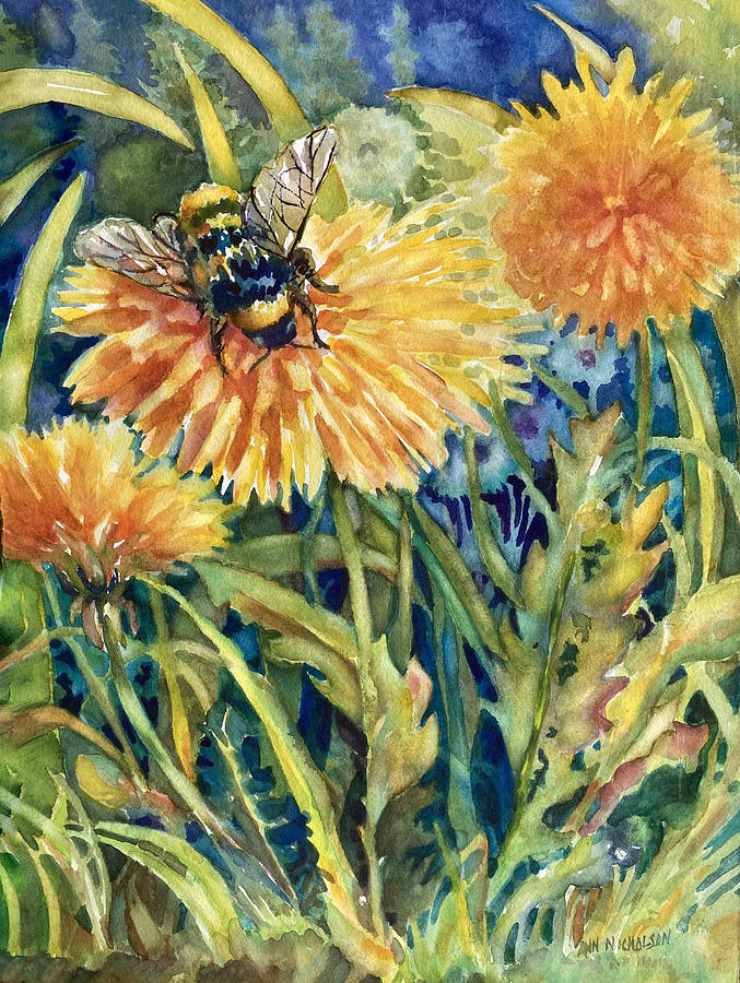 Honey Bee and Dandelion Painting by Ann Nicholson