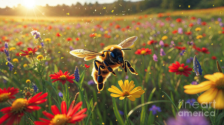 Honey bee flying over colorful flower meadow collecting pollen during sunny spring day Digital Art by Benny Marty Honey bee flying over colorful flower meadow collecting pollen during sunny spring day Digital Art by Benny Marty