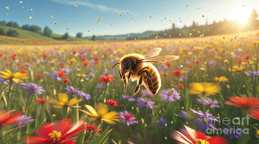 Honey bee flying over colorful flower meadow collecting pollen in warm sunshine Digital Art by Benny Marty Honey bee flying over colorful flower meadow collecting pollen in warm sunshine Digital Art by Benny Marty