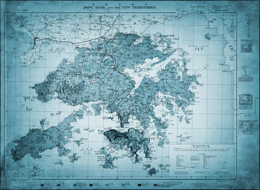 Hong Kong and the New Territories Vintage Map 1957 Blue Photograph by
