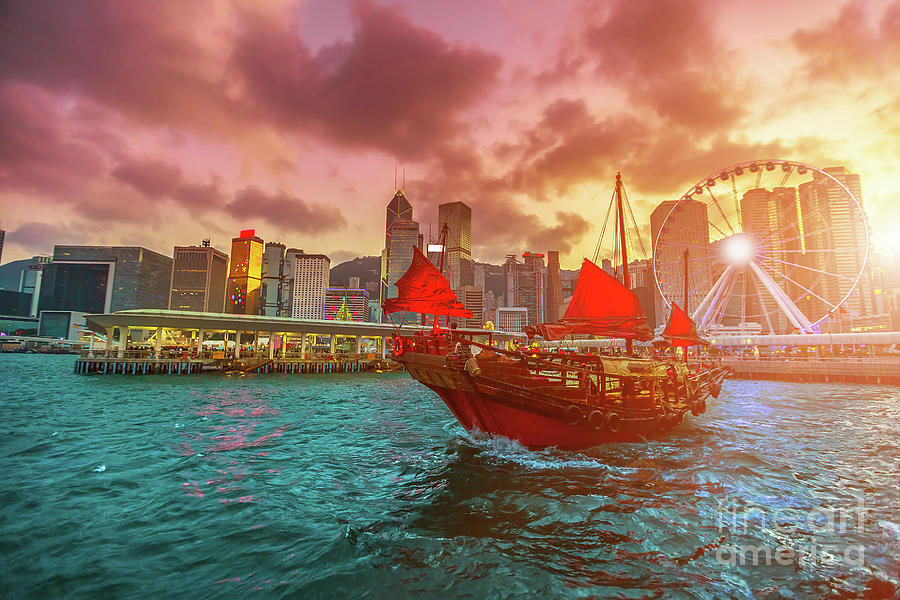Hong Kong red sail junk boat Photograph by Benny Marty