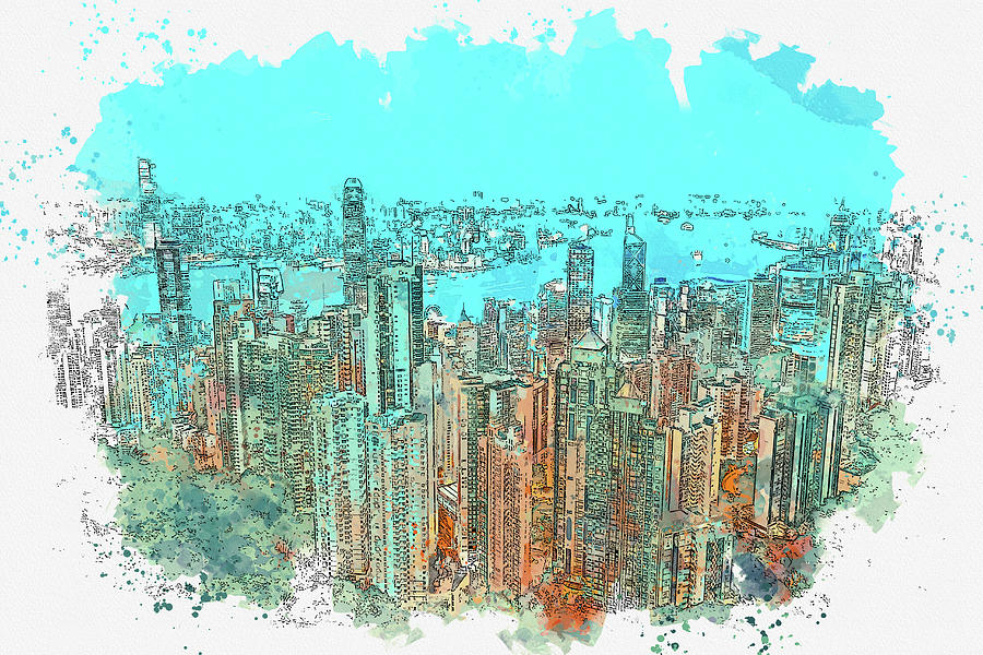 Hong Kong Victoria Peak, watercolor, by Ahmet Asar Painting by