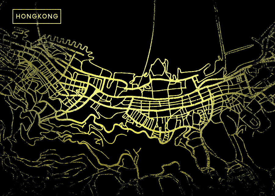 Hongkong Map in Gold and Black Digital Art by Sambel Pedes