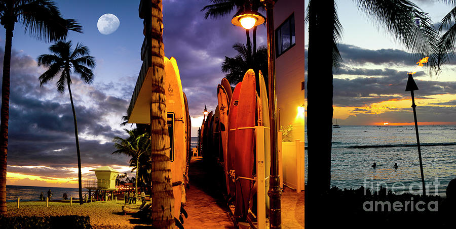 Honolulu at dusk with three different different beach moments in Waikiki.  Photograph by Gunther Allen