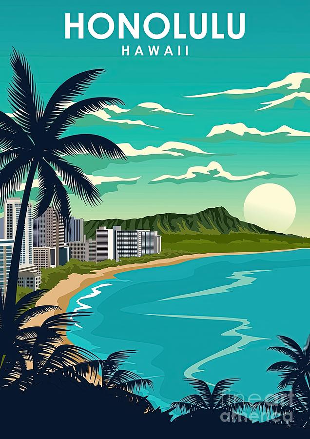 Honolulu Hawaii Vintage Minimal City Travel Painting by Darren Jones ...