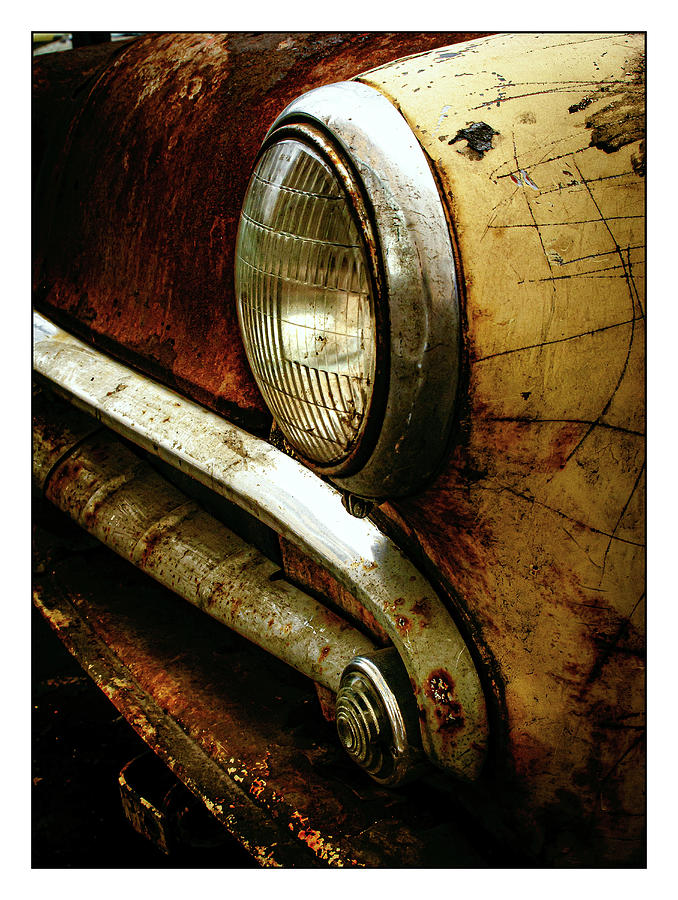 Classic Car Photograph - Hood and headlights of an abandoned classic car by Yury Melnikov
