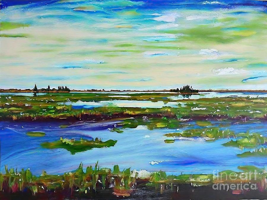 Summer Painting - Hood Canal 2 Painting wetlands summer puget sound blue green acrylic painting art artwork background beautiful blue colorful design flowers forest grass green illustration lake landscape natural by N Akkash