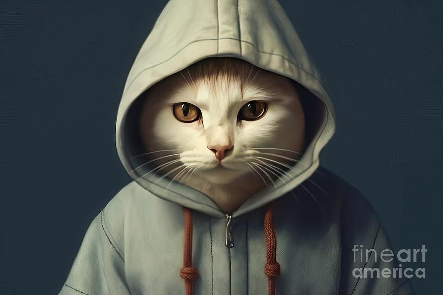 Cat Painting - Hoodie Dressed C Animal Background Blue Cartoon Character Co Cold Colours Comical Costume Domestic Expression Fashion Felino Fluffy Funny Furry Head Hipster Looking Pet Portrait Pretty Purebred by N Akkash