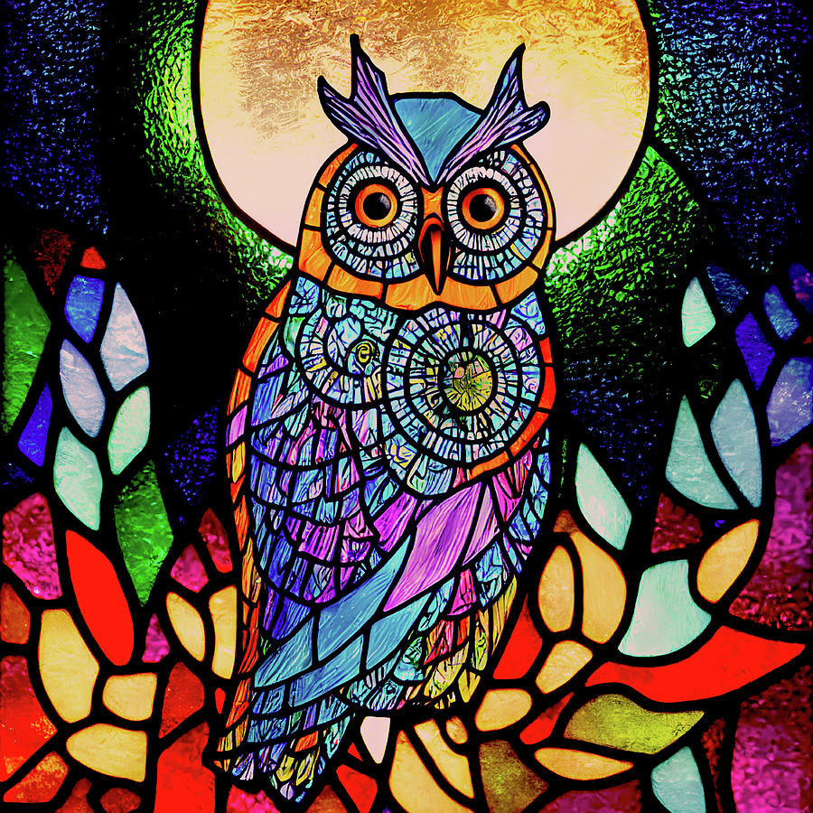 Hoot Owl and Full Moon - Stained Glass Digital Art by Peggy Collins