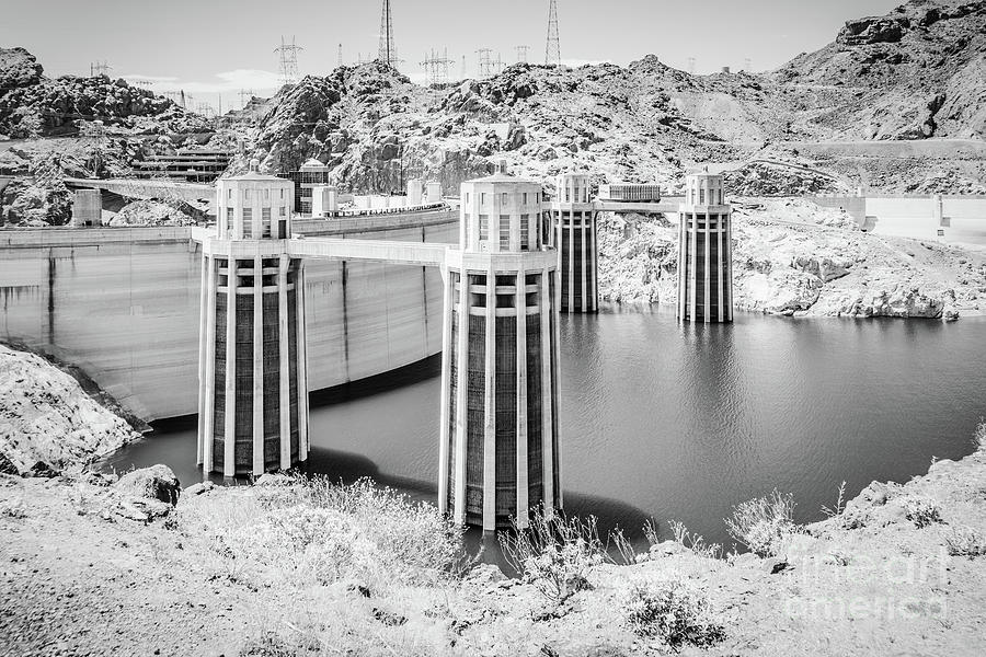 Hoover Dam and Intake Towers Black and White Photo Photograph by Paul Velgos
