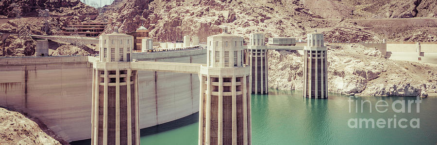 Hoover Dam and Intake Towers Retro Panorama Photo Photograph by Paul Velgos