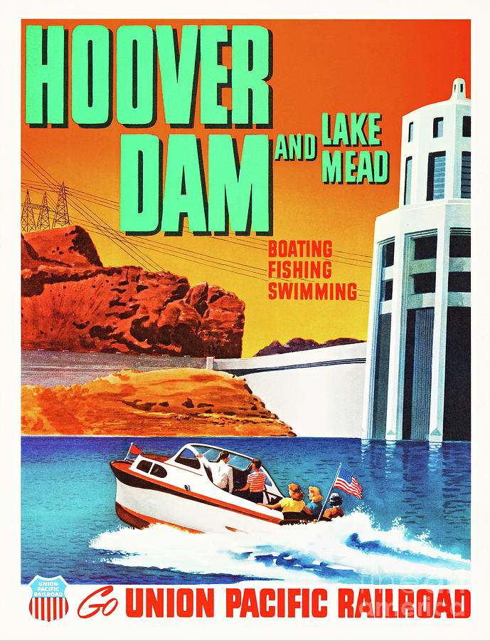 Hoover Dam Lake Meet Motorboating Vintage 1950s Mid Century Travel Poster Union Pacific Railroad Painting by Peter Ogden