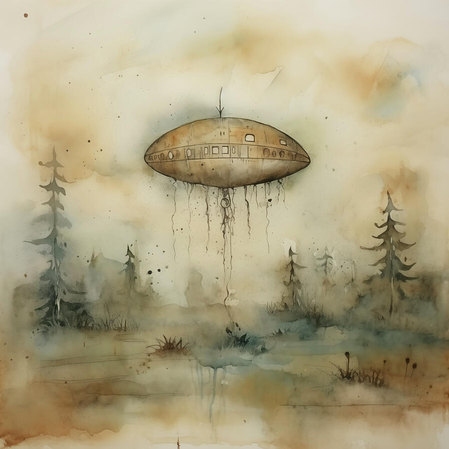 Space Digital Art - Hoovering over Woods UFO Watercolor 71 by Peter Lopez