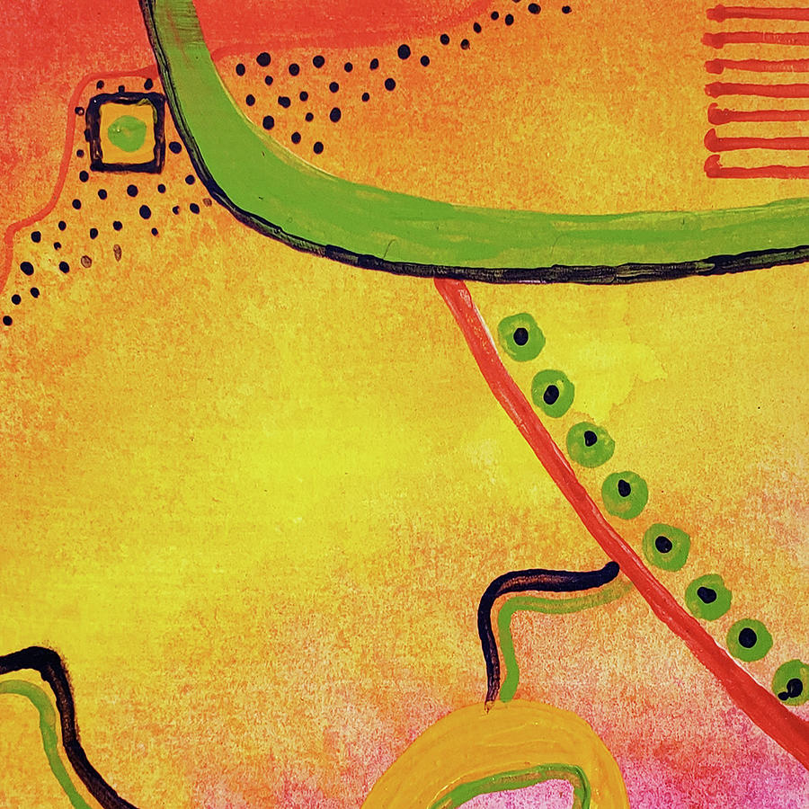 HOPI TRAIL Abstract In Yellow Red Pink Green Dots Painting by Lynnie Lang