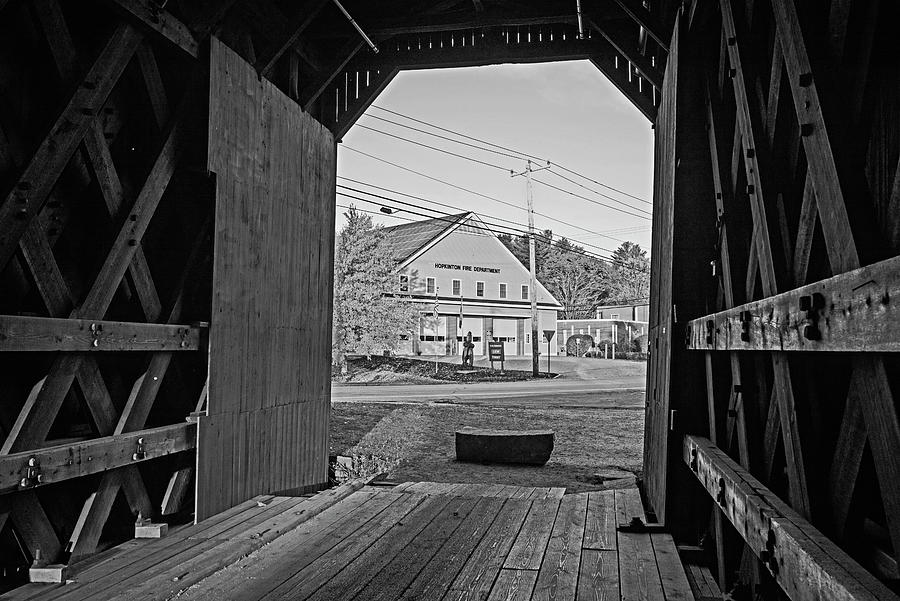 Hopkinton Fire Department from the Contoocook Railroad Covered Bridge Hopkinton NH Black and White Photograph by Toby McGuire