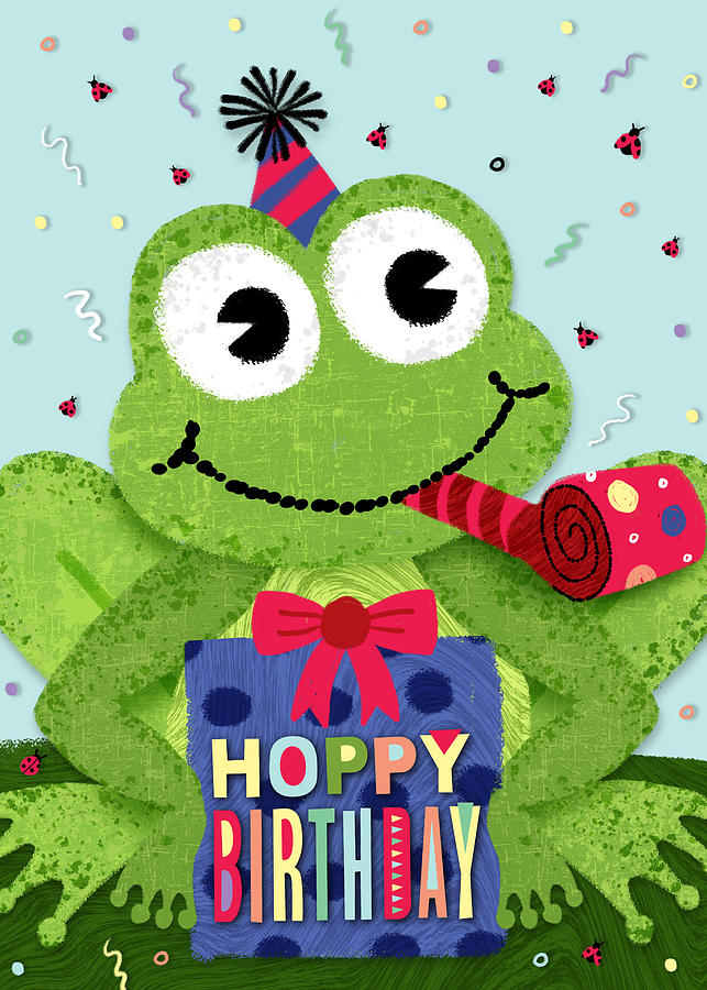 Hoppy Birthday Frog Punny Party Animal Birthday Greeting Card - Art by Jen Montgomery Painting by Jen Montgomery
