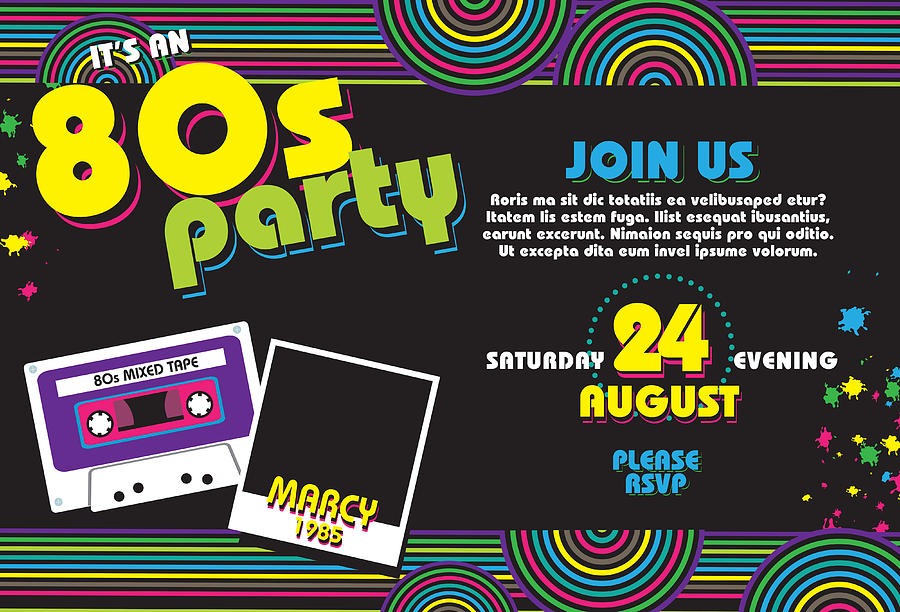 Horizontal Eighties party themed invitation design template Drawing by JDawnInk