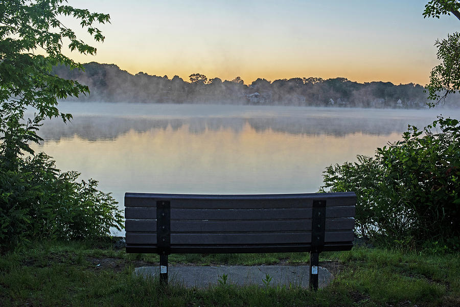 Horn Pond Sunrise Bench in Woburn Massachusetts Behind the Beach Photograph by Toby McGuire