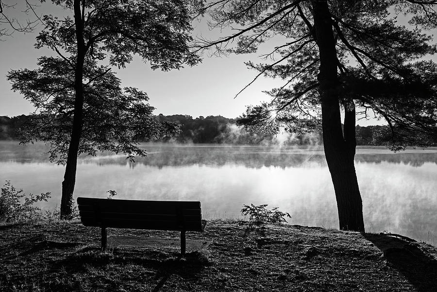 Horn Pond Sunrise Bench in Woburn Massachusetts Black and White Photograph by Toby McGuire