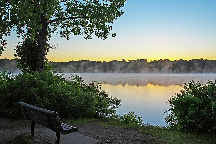 Horn Pond Sunrise Bench in Woburn Massachusetts Reflection Photograph by Toby McGuire