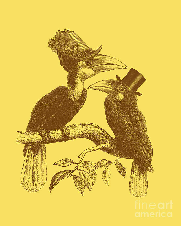 Hornbill Digital Art - Hornbill birds in yellow and brown by Madame Memento