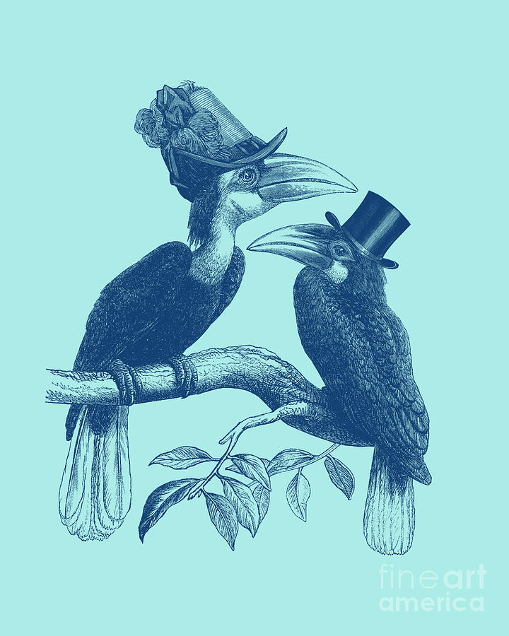 Hornbill Digital Art - Hornbill couple in blue by Madame Memento