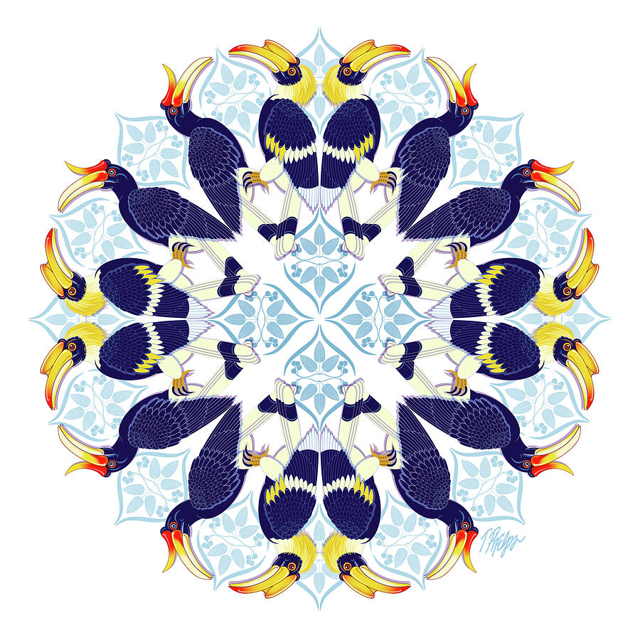 Hornbill Digital Art - Hornbill Family India White Mandala by Tim Phelps