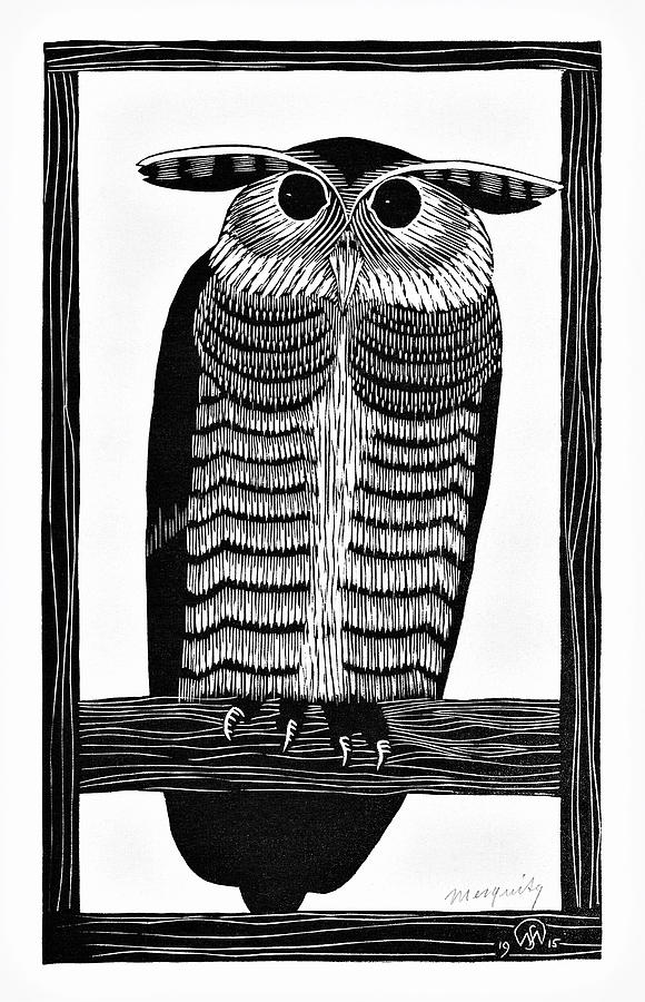 Horned owl -  Black and White Painting by Samuel Jessurun de Mesquita