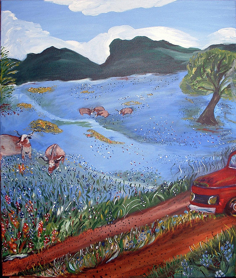 Horns in Bluebonnets Painting by Genevieve Holland