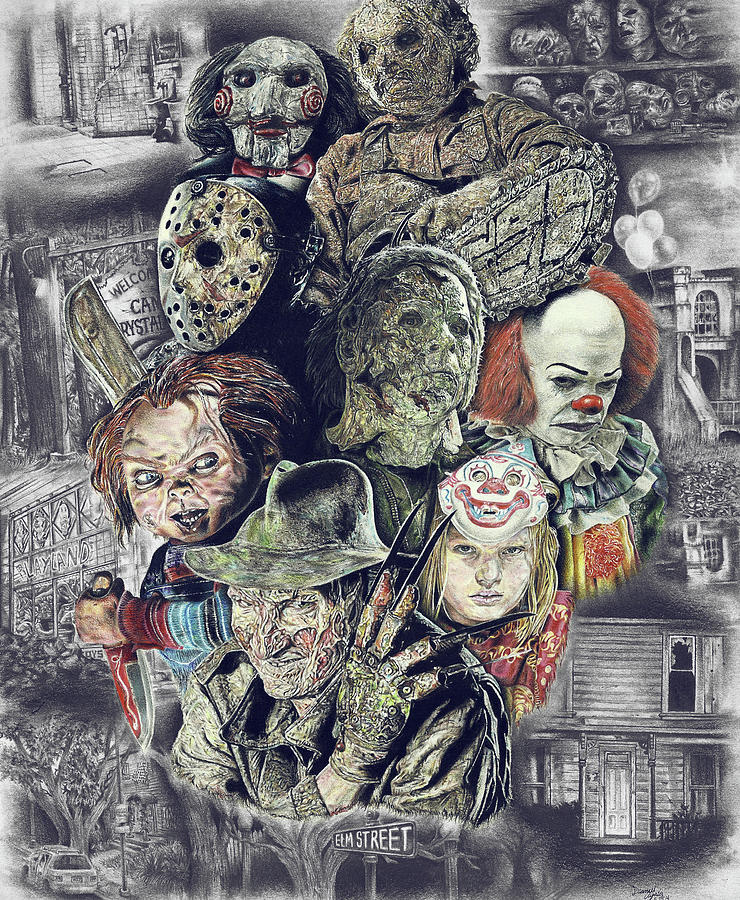 Halloween Movie Drawing - Horror Movie Murderers by Daniel Ayala