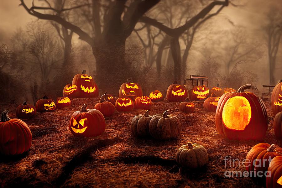 horror pumpkins of Halloween in the cemetery Digital Art by Benny Marty