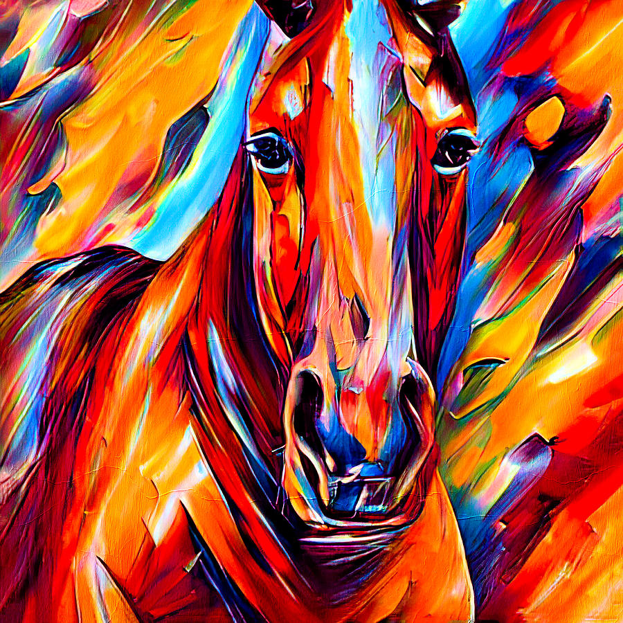 Horse abstract close up portrait - colorful dark orange, red and cyan portrait Digital Art by Nicko Prints