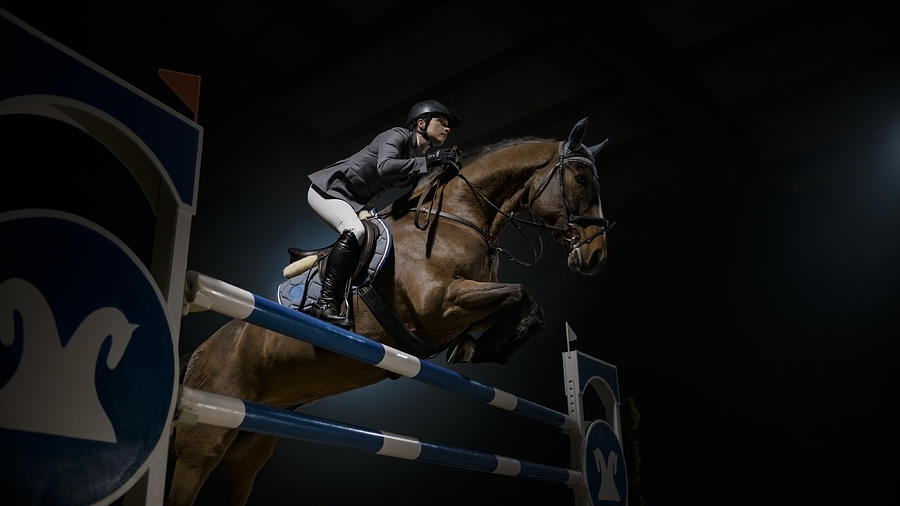Horse and his rider jumping rail in arena Photograph by Simonkr