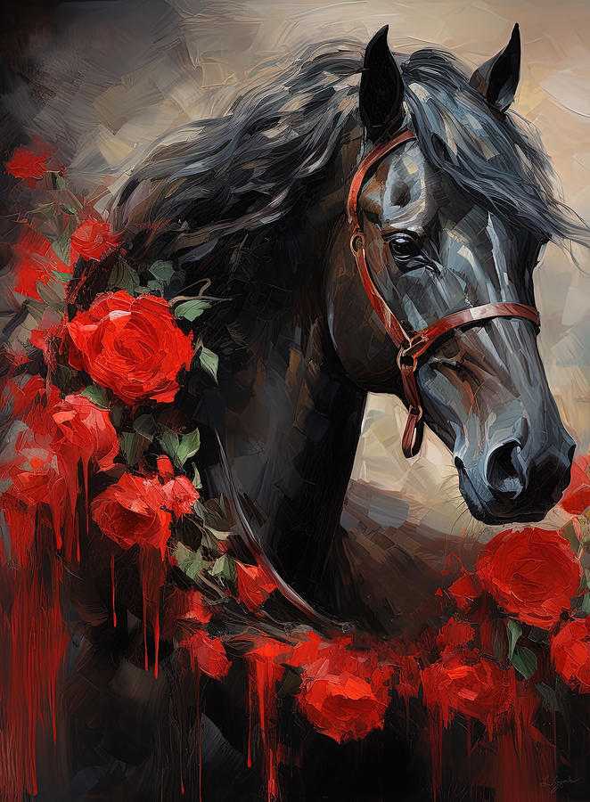 Horse and Red Roses Art Painting by Lourry Legarde